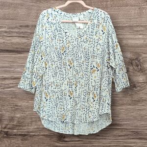 RACHEL ZOE 100% Linen Floral V Neck 3/4 Sleeve Shirt Top Size 2X Coastal Cottage